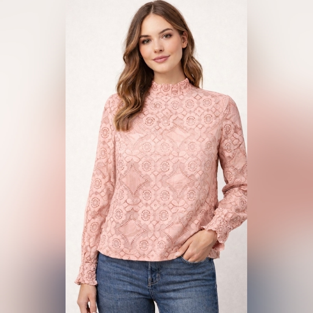 Ultra Pink Crotchet Lace Detail Mock Neck Ruffle Long Sleeve XL EUC PTP 23